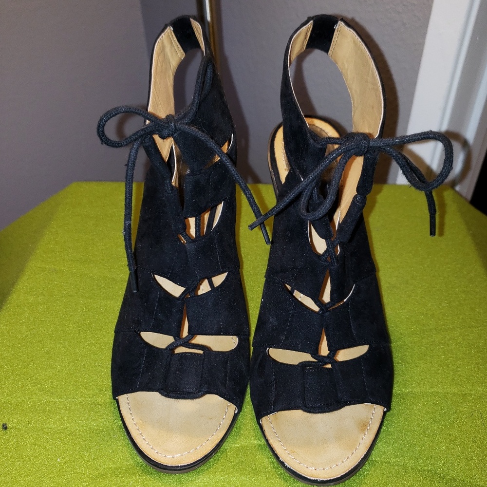 Black suede gladiator open back wedges.